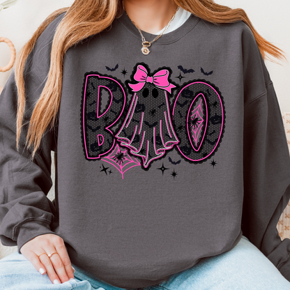 Boo Pink Bow Halloween Crewneck | Girly Ghost Sweatshirt