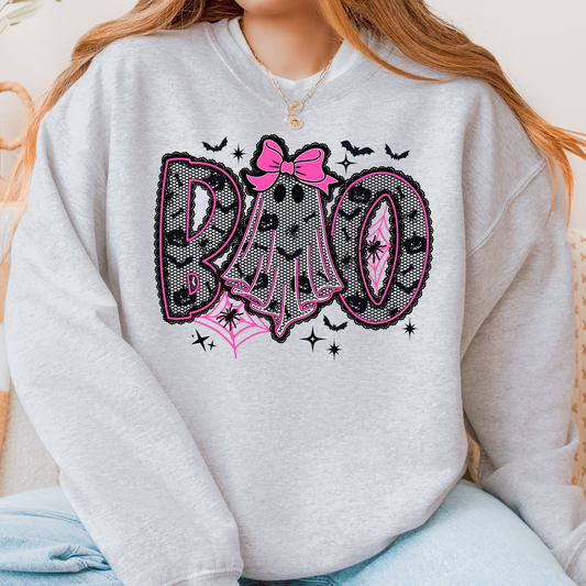 Boo Pink Bow Halloween Crewneck | Girly Ghost Sweatshirt