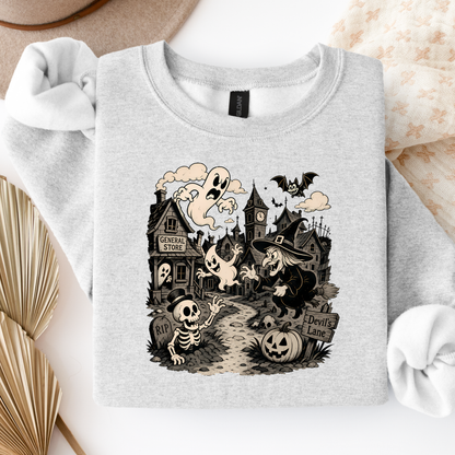 Vintage Haunted Halloween Village Crewneck Sweatshirt | Cute Ghost & Witch Sweatshirt | Unisex Fall Pullover | Cozy Halloween Graphic Sweatshirt