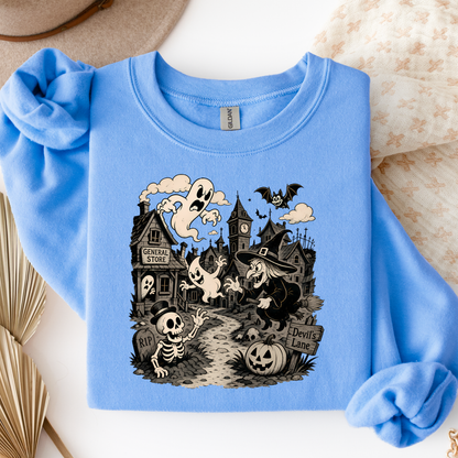 Vintage Haunted Halloween Village Crewneck Sweatshirt | Cute Ghost & Witch Sweatshirt | Unisex Fall Pullover | Cozy Halloween Graphic Sweatshirt