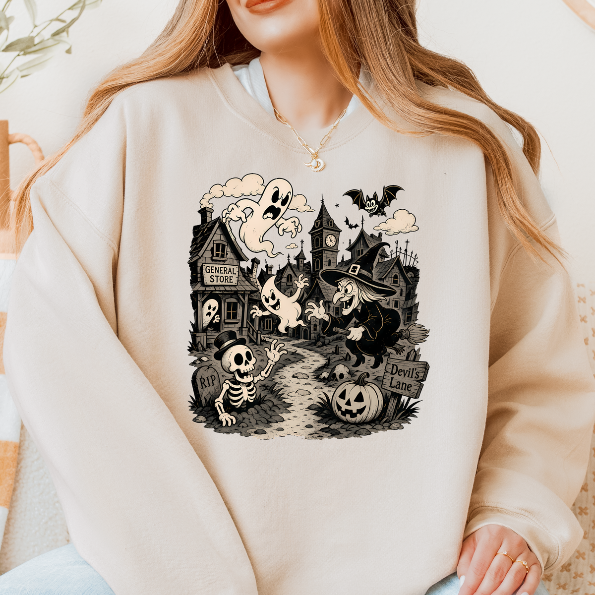 Vintage Haunted Halloween Village Crewneck Sweatshirt | Cute Ghost & Witch Sweatshirt | Unisex Fall Pullover | Cozy Halloween Graphic Sweatshirt