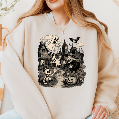 Vintage Haunted Halloween Village Crewneck Sweatshirt | Cute Ghost & Witch Sweatshirt | Unisex Fall Pullover | Cozy Halloween Graphic Sweatshirt