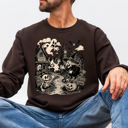 Vintage Haunted Halloween Village Crewneck Sweatshirt | Cute Ghost & Witch Sweatshirt | Unisex Fall Pullover | Cozy Halloween Graphic Sweatshirt