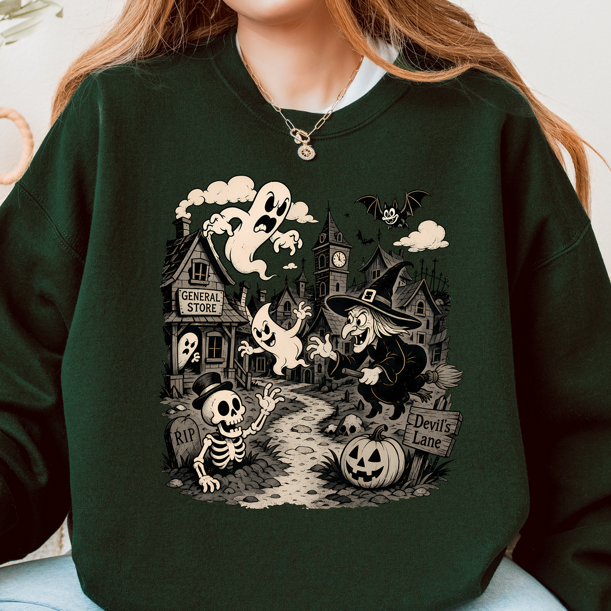 Vintage Haunted Halloween Village Crewneck Sweatshirt | Cute Ghost & Witch Sweatshirt | Unisex Fall Pullover | Cozy Halloween Graphic Sweatshirt