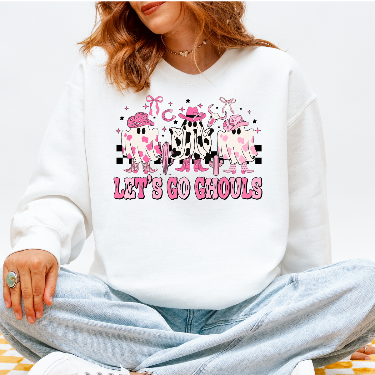 Let’s Go Ghouls Cowgirl Ghost Halloween Tee & Crewneck | Western Halloween | Pink Ghost Graphic | Cute Spooky Season | Unisex Fall