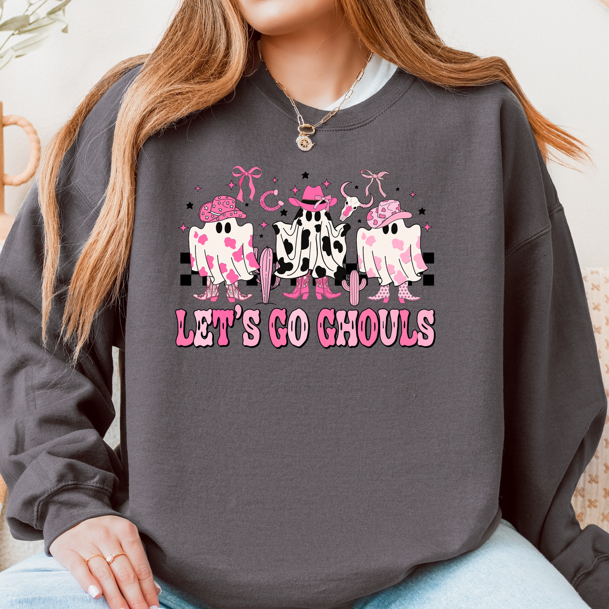Let’s Go Ghouls Cowgirl Ghost Halloween Tee & Crewneck | Western Halloween | Pink Ghost Graphic | Cute Spooky Season | Unisex Fall