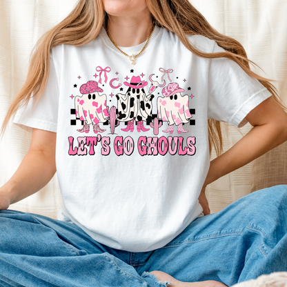 Let’s Go Ghouls Cowgirl Ghost Halloween Tee & Crewneck | Western Halloween | Pink Ghost Graphic | Cute Spooky Season | Unisex Fall