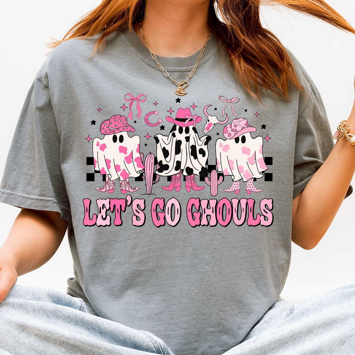 Let’s Go Ghouls Cowgirl Ghost Halloween Tee & Crewneck | Western Halloween | Pink Ghost Graphic | Cute Spooky Season | Unisex Fall