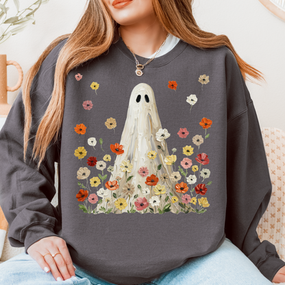 Ghost in the Wildflowers Crewneck Sweatshirt | Cozy Fall Halloween Floral Ghost Pullover