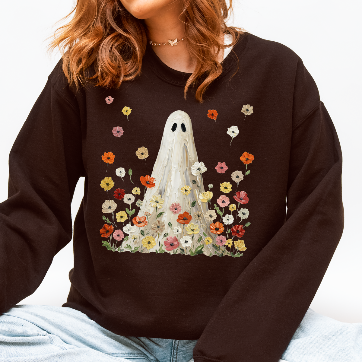 Ghost in the Wildflowers Crewneck Sweatshirt | Cozy Fall Halloween Floral Ghost Pullover