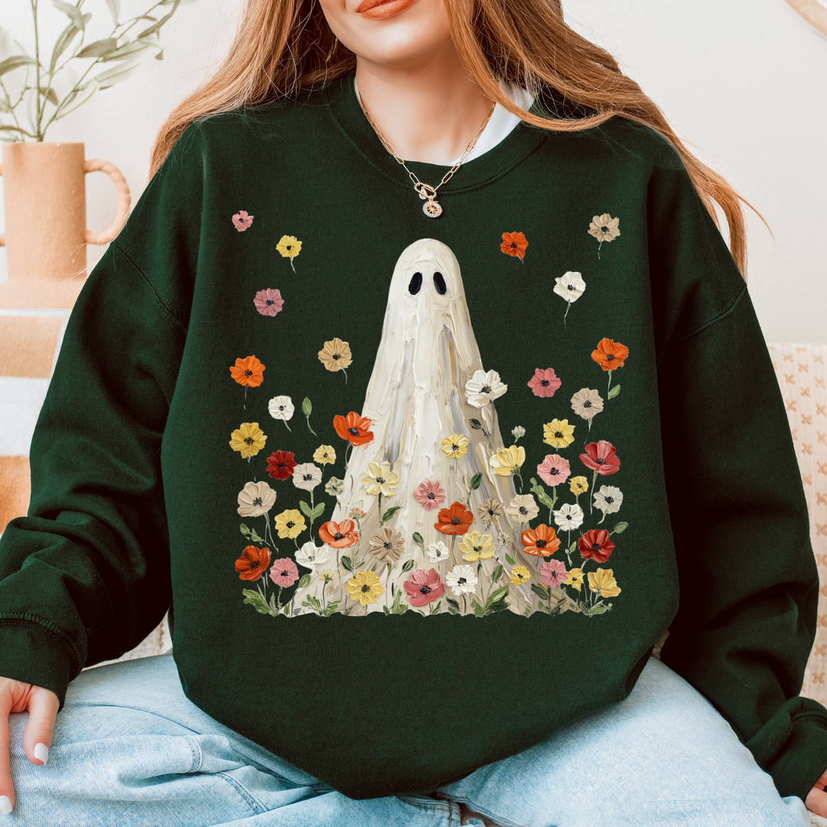 Ghost in the Wildflowers Crewneck Sweatshirt | Cozy Fall Halloween Floral Ghost Pullover
