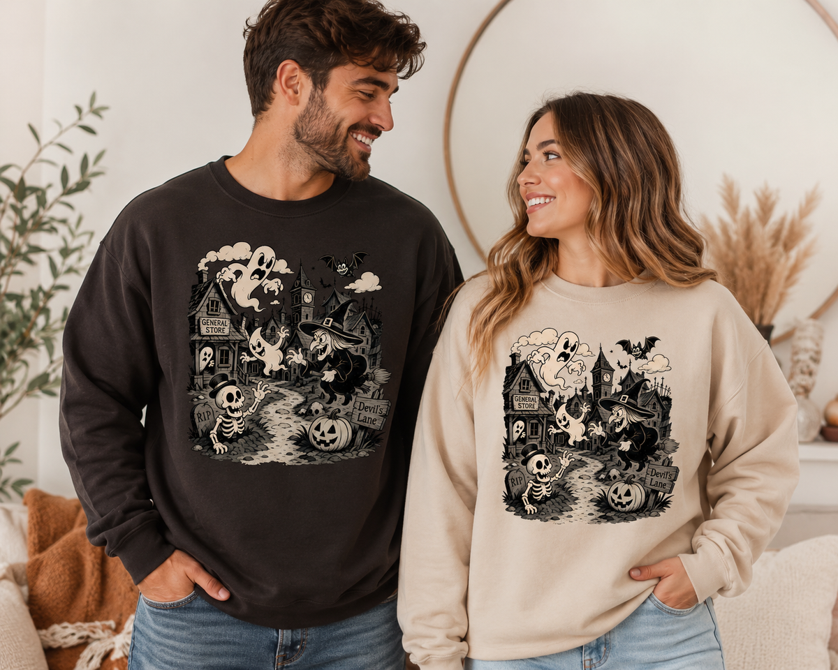Vintage Haunted Halloween Village Crewneck Sweatshirt | Cute Ghost & Witch Sweatshirt | Unisex Fall Pullover | Cozy Halloween Graphic Sweatshirt