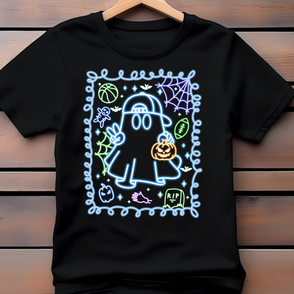 Kids Halloween Ghost Graphic Tee | Neon Spooky Ghost Shirt | Boys & Girls Halloween T-Shirt