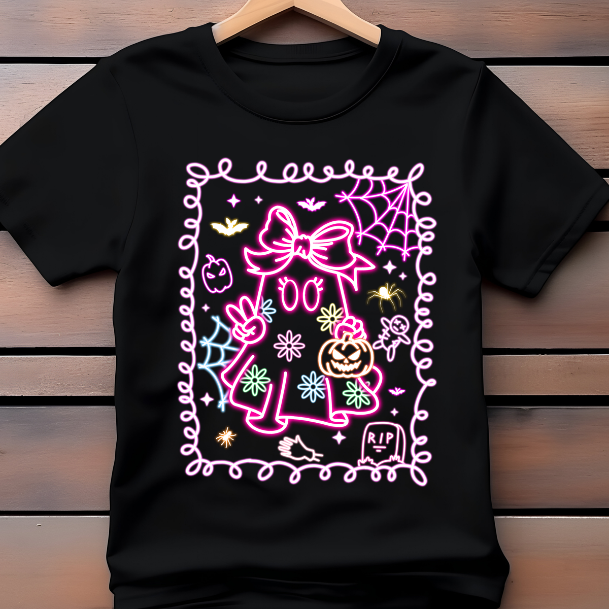 Kids Halloween Ghost Graphic Tee | Neon Spooky Ghost Shirt | Boys & Girls Halloween T-Shirt