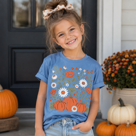 Pumpkin & Wildflower Kids Fall Shirt | Girls Autumn Floral Pumpkin Tee | Cute Pumpkin Patch Shirt