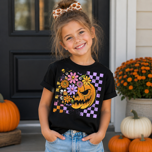 🎃 Groovy Pumpkin Floral Kids Halloween Tee
