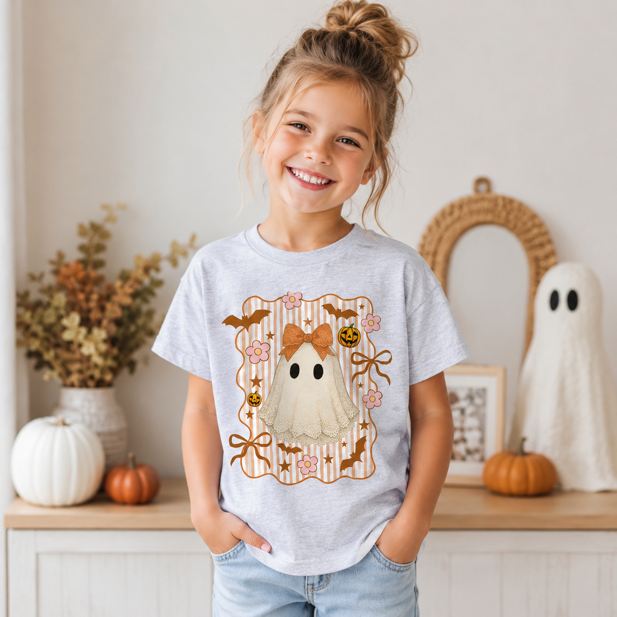 Girls Halloween Ghost Shirt | Coquette Bow Ghost Tee | Cute Kids Halloween Shirt | Girly Spooky Season Tee