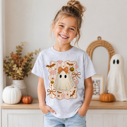 Girls Halloween Ghost Shirt | Coquette Bow Ghost Tee | Cute Kids Halloween Shirt | Girly Spooky Season Tee