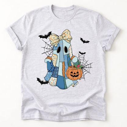 Patchwork Ghost Halloween Kids Tee | Boy & Girl Halloween Shirt | Vintage Quilted Ghost Graphic Tee | Spooky Season Kids Shirt
