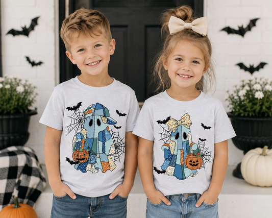 Patchwork Ghost Halloween Kids Tee | Boy & Girl Halloween Shirt | Vintage Quilted Ghost Graphic Tee | Spooky Season Kids Shirt