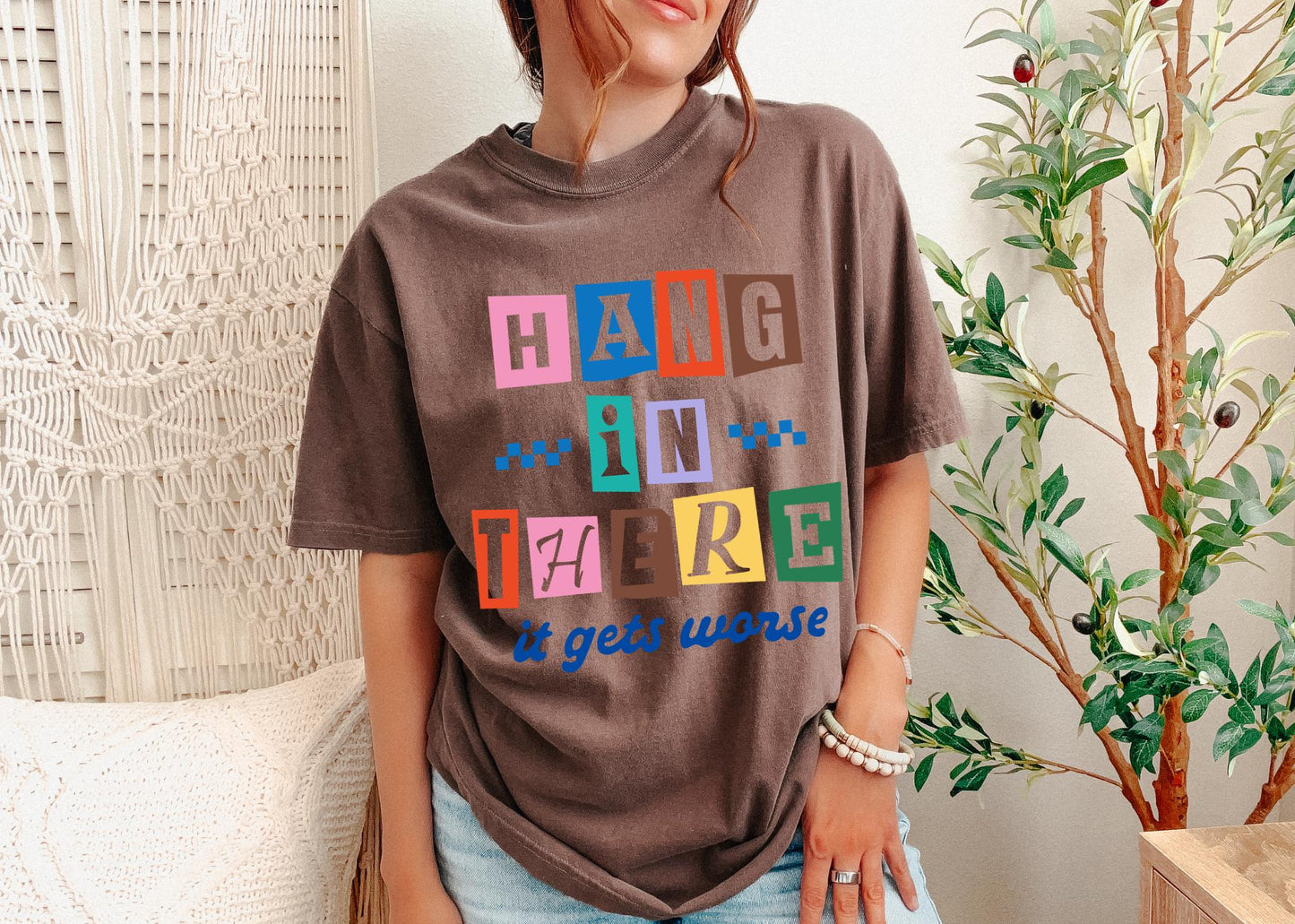 Hang In There Shirt, Retro Color Block Encouragement Tee, Sarcastic Humor