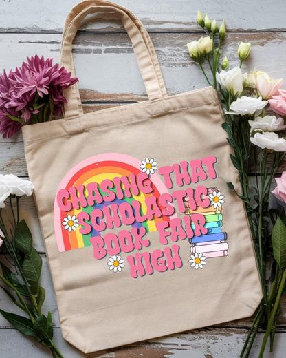 Chasing That Scholastic Book Fair High Tote Bag, Retro Book Lover Gift, Teacher Tote, Cute Library Bag, Bookish Canvas Tote