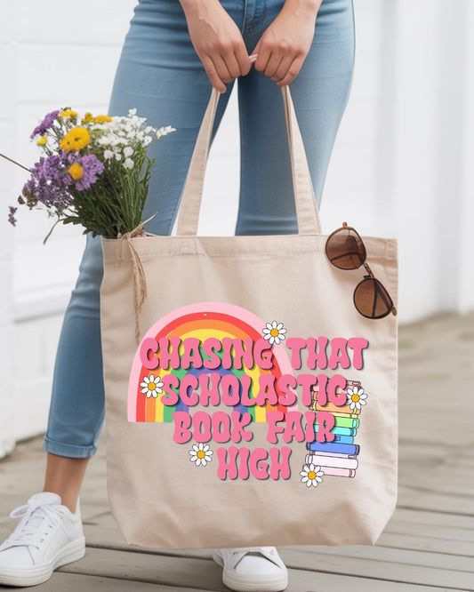 Chasing That Scholastic Book Fair High Tote Bag, Retro Book Lover Gift, Teacher Tote, Cute Library Bag, Bookish Canvas Tote