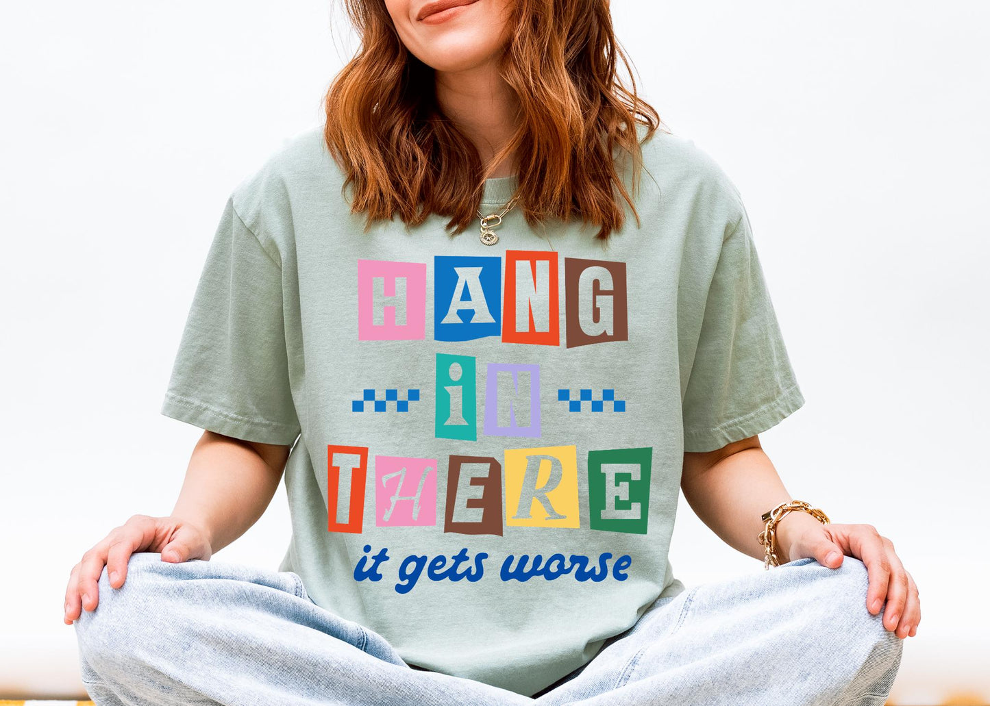 Hang In There Shirt, Retro Color Block Encouragement Tee, Sarcastic Humor