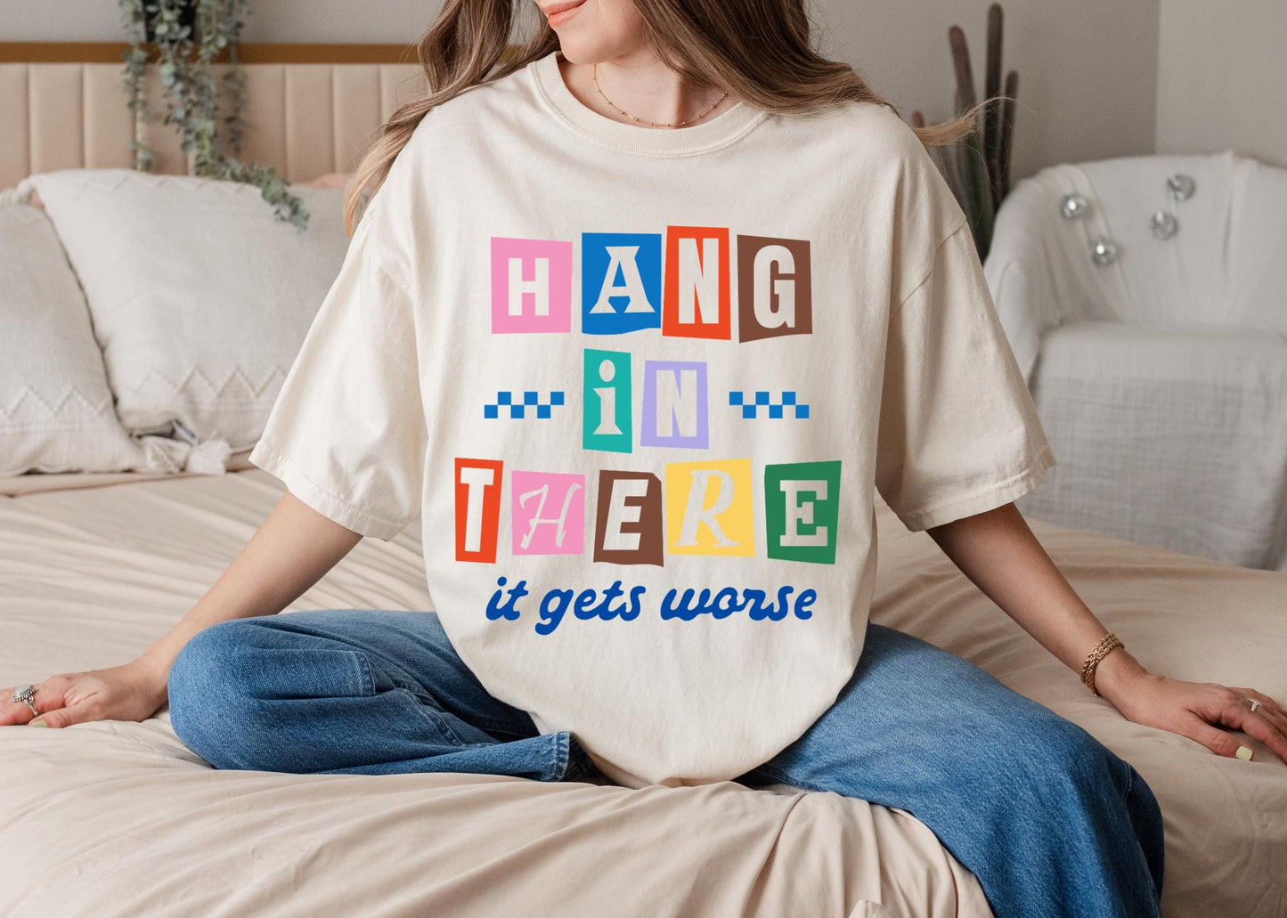 Hang In There Shirt, Retro Color Block Encouragement Tee, Sarcastic Humor