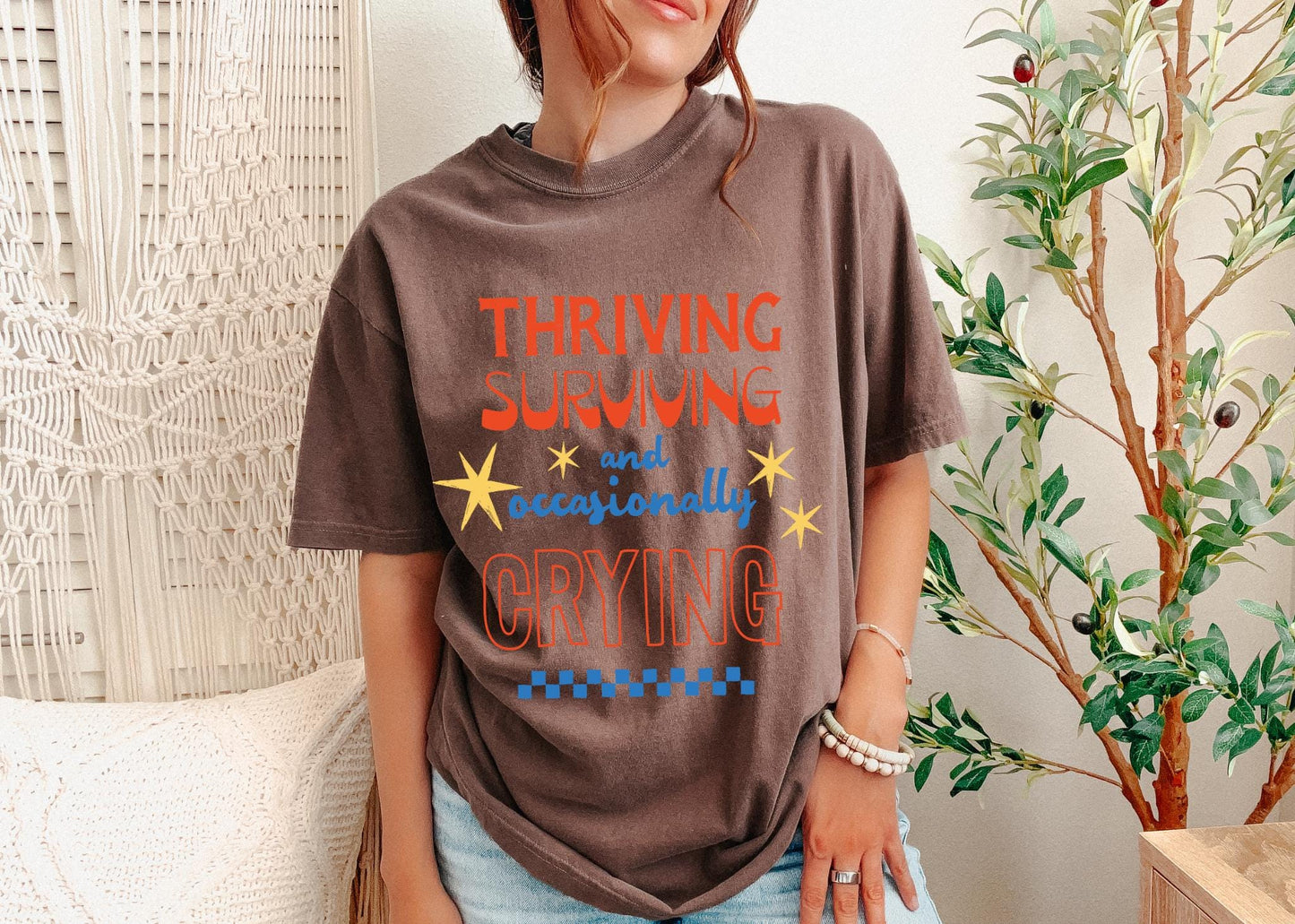Thriving Surviving Crying Shirt, Funny Mom Life Tee, Relatable Graphic Tee, Trendy Retro Shirt, Mental Health Humor Tee, Cute Casual T-Shirt