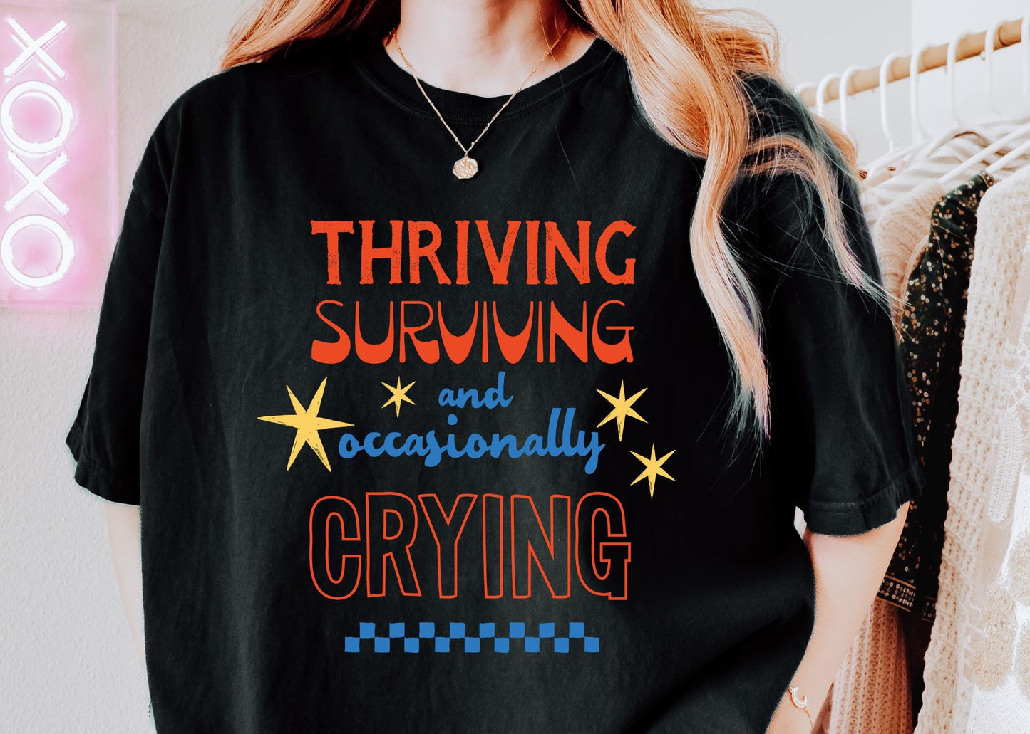 Thriving Surviving Crying Shirt, Funny Mom Life Tee, Relatable Graphic Tee, Trendy Retro Shirt, Mental Health Humor Tee, Cute Casual T-Shirt