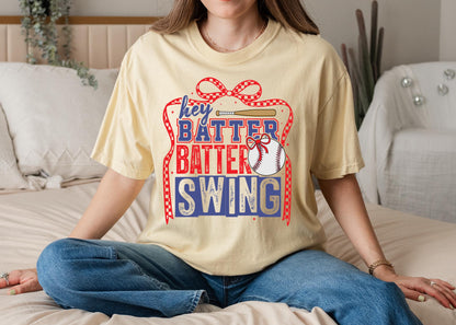 Hey Batter Batter Swing Shirt, Baseball Mom Tee, Game Day Shirt, Funny Baseball Shirt, Softball Mom Shirt, Cute Sports Tee, Bow Baseball Shi