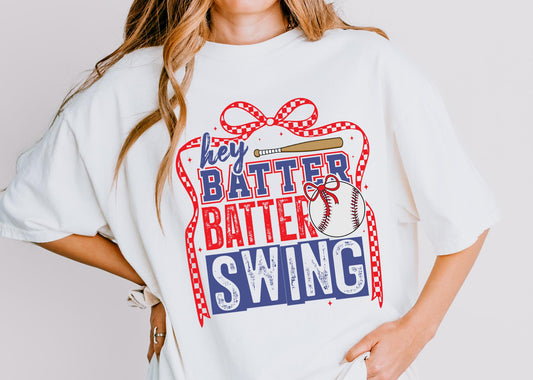 Hey Batter Batter Swing Shirt, Baseball Mom Tee, Game Day Shirt, Funny Baseball Shirt, Softball Mom Shirt, Cute Sports Tee, Bow Baseball Shi