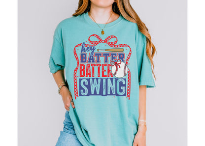 Hey Batter Batter Swing Shirt, Baseball Mom Tee, Game Day Shirt, Funny Baseball Shirt, Softball Mom Shirt, Cute Sports Tee, Bow Baseball Shi