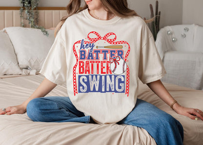 Hey Batter Batter Swing Shirt, Baseball Mom Tee, Game Day Shirt, Funny Baseball Shirt, Softball Mom Shirt, Cute Sports Tee, Bow Baseball Shi