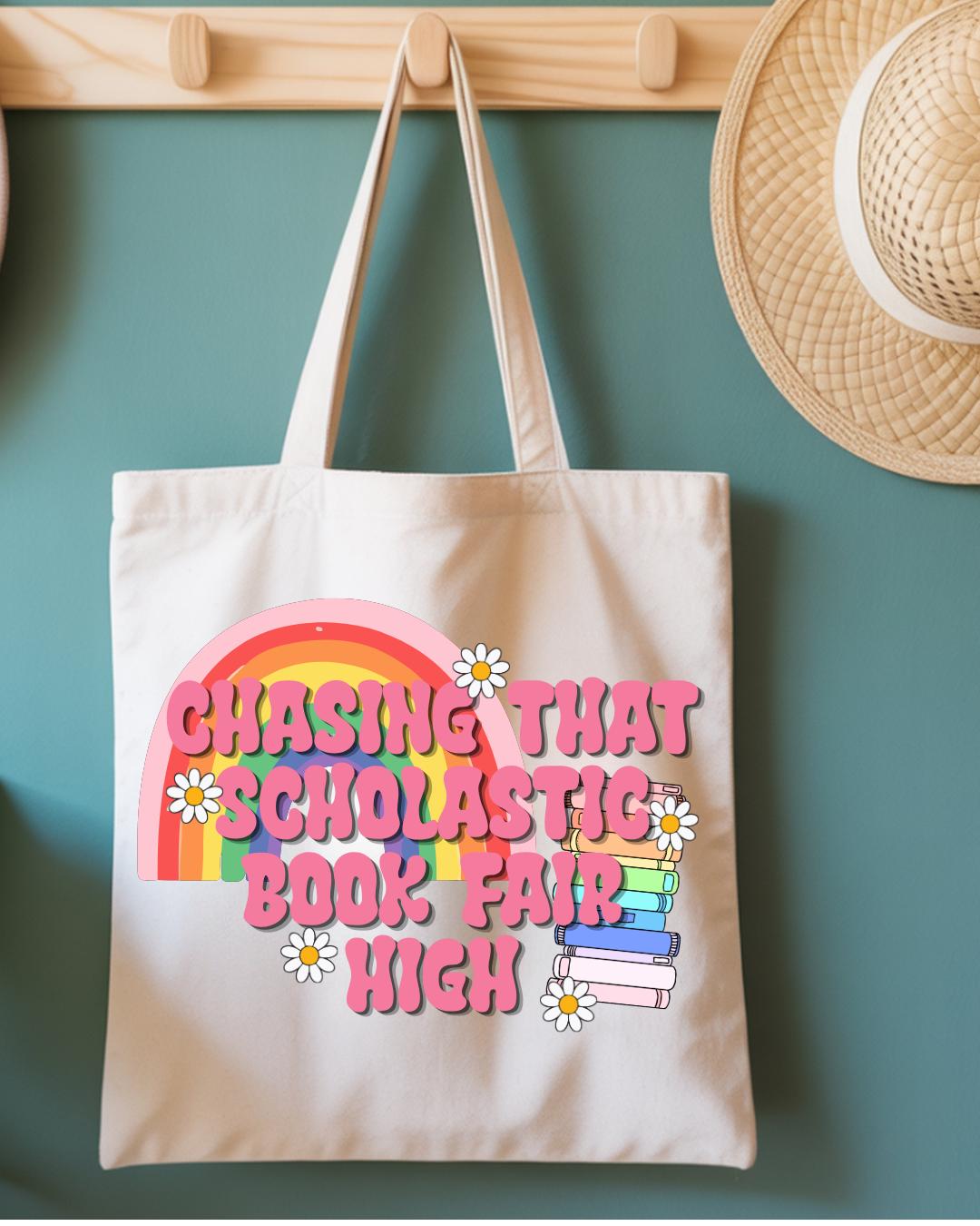 Chasing That Scholastic Book Fair High Tote Bag, Retro Book Lover Gift, Teacher Tote, Cute Library Bag, Bookish Canvas Tote