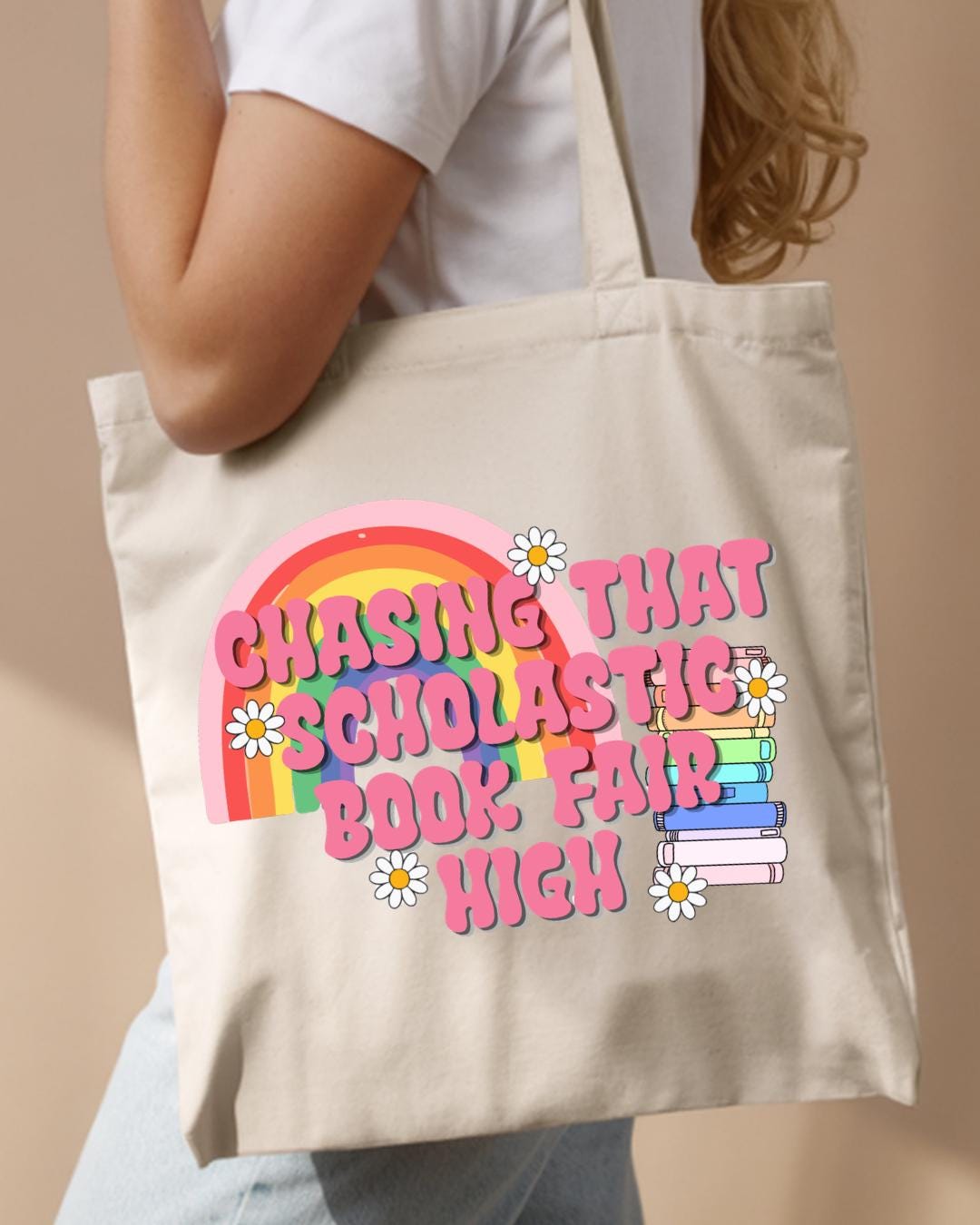 Chasing That Scholastic Book Fair High Tote Bag, Retro Book Lover Gift, Teacher Tote, Cute Library Bag, Bookish Canvas Tote
