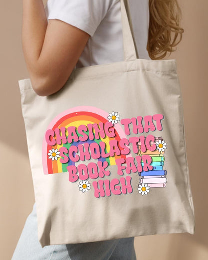 Chasing That Scholastic Book Fair High Tote Bag, Retro Book Lover Gift, Teacher Tote, Cute Library Bag, Bookish Canvas Tote