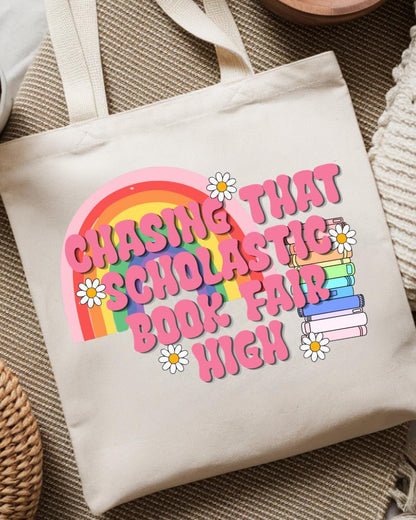 Chasing That Scholastic Book Fair High Tote Bag, Retro Book Lover Gift, Teacher Tote, Cute Library Bag, Bookish Canvas Tote