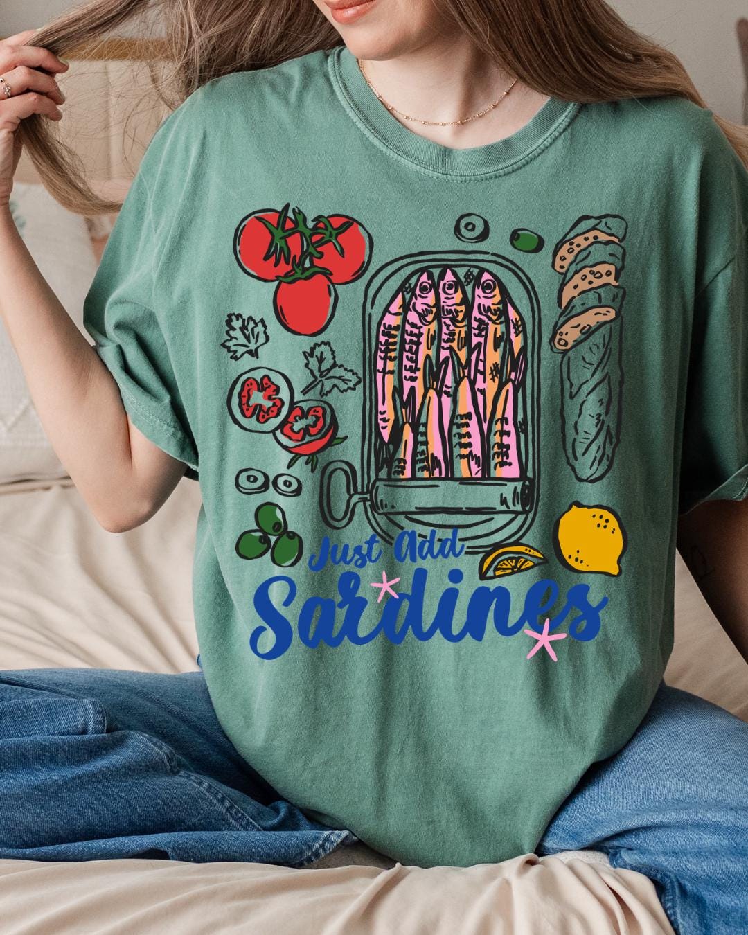 Just Add Sardines Shirt, Coastal Summer Tee, Mediterranean Foodie Shirt, Cute Fish Market Graphic Tee, Tomato Lemon Olive T Shirt
