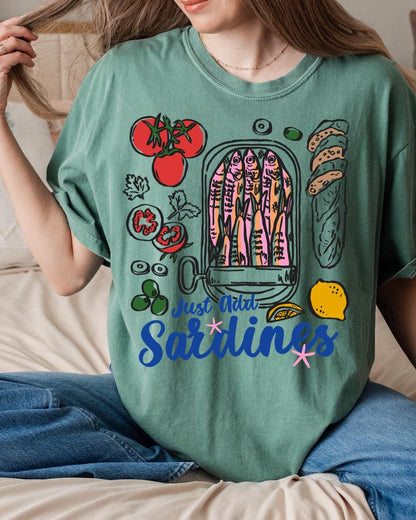 Just Add Sardines Shirt, Coastal Summer Tee, Mediterranean Foodie Shirt, Cute Fish Market Graphic Tee, Tomato Lemon Olive T Shirt