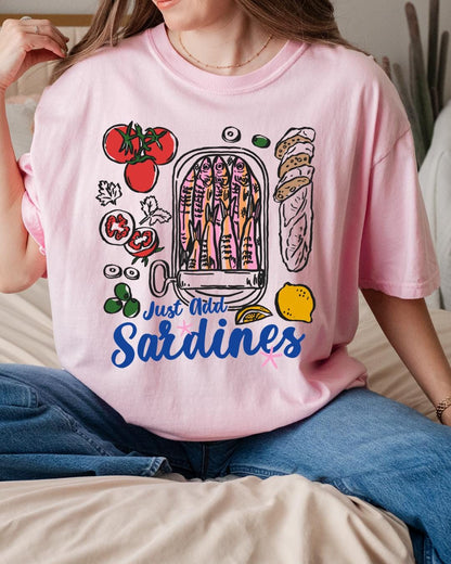 Just Add Sardines Shirt, Coastal Summer Tee, Mediterranean Foodie Shirt, Cute Fish Market Graphic Tee, Tomato Lemon Olive T Shirt