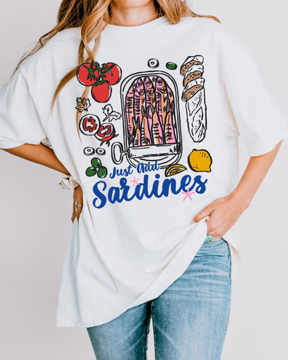 Just Add Sardines Shirt, Coastal Summer Tee, Mediterranean Foodie Shirt, Cute Fish Market Graphic Tee, Tomato Lemon Olive T Shirt