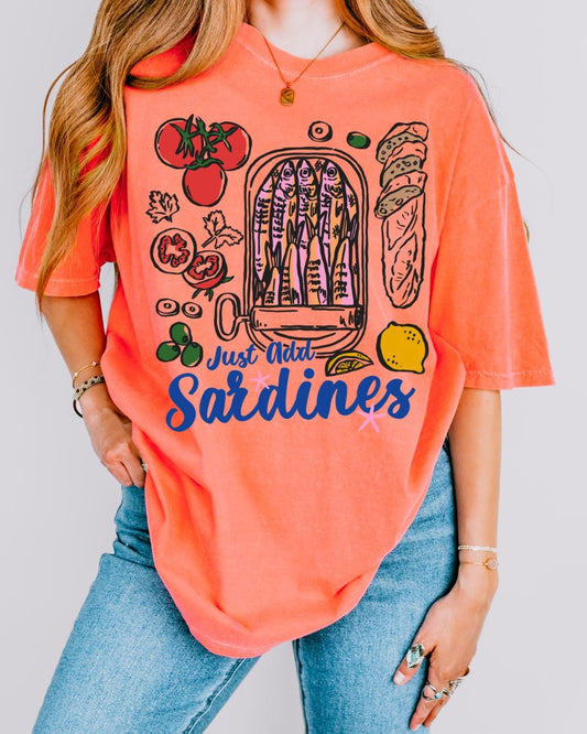 Just Add Sardines Shirt, Coastal Summer Tee, Mediterranean Foodie Shirt, Cute Fish Market Graphic Tee, Tomato Lemon Olive T Shirt