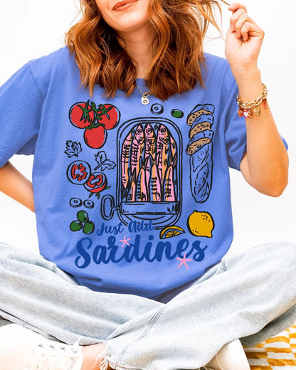 Just Add Sardines Shirt, Coastal Summer Tee, Mediterranean Foodie Shirt, Cute Fish Market Graphic Tee, Tomato Lemon Olive T Shirt